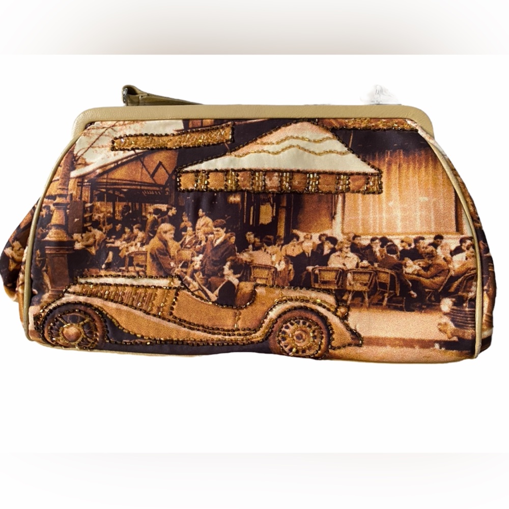 VINTAGE CYNTHIA HART “WOMAN IN CAR OUTSIDE FRENCH CAFE” Tan, White and Sepia Bag